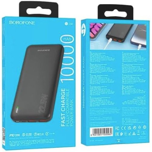 BOROFONE (BJ38) 10000mAh PD 20W Fast Charging 4 Ports (2 USB + 1 Type +1 Micro USB) Portable Power Bank (Black)
