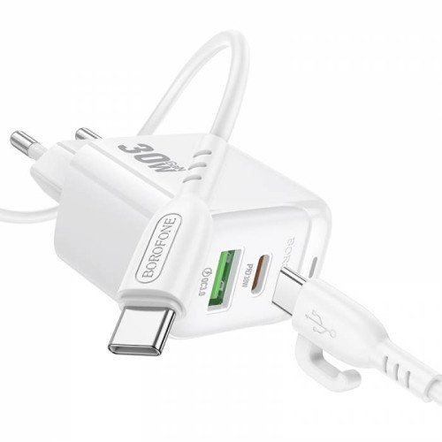 Borofone Φορτιστής με Θύρα USB-A και Θύρα USB-C και Καλώδιο USB-C - USB-C 30W Power Delivery / Quick Charge 3.0 Λευκός (BAS45A)