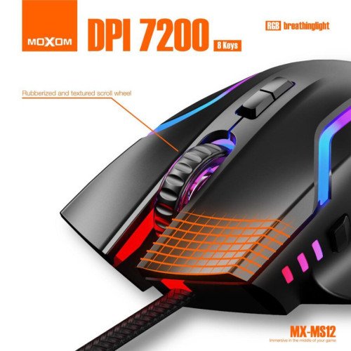 Moxom MX-MS12 RGB Ενσύρματο Gaming Ποντίκι 7200 DPI - Χρώμα: Μαύρο