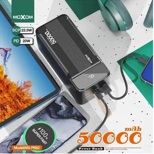Moxom MX-PB62 PowerBank 50000mAh 22.5W με 2 Θύρες USB-A & Θύρα USB-C Quick Charge 3.0 Μαύρο