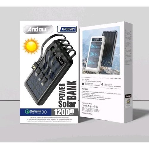 Andowl Q-CD281 Ηλιακό PowerBank με 3 Ενσωματωμένα Καλώδια 12000mAh - Χρώμα: Μαύρο