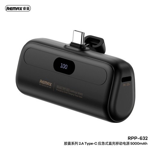 Remax RPP-632 PowerBank Capsule Series 2A Type-C Άμεσης Φόρτισης Έκτακτης Ανάγκης 5000mAh - Χρώμα: Μαύρο