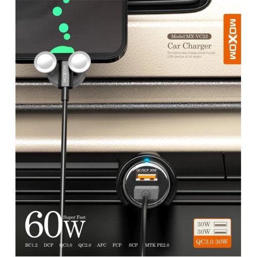 Moxom MX-VC22 Φορτιστής για Αυτοκίνητο 60W με 2 Θύρες USB-A Μαύρο