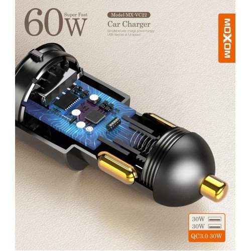 Moxom MX-VC22 Φορτιστής για Αυτοκίνητο 60W με 2 Θύρες USB-A Μαύρο