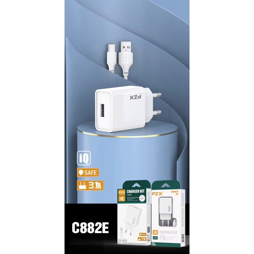 PZX C882E Φορτιστής Kινητού με 1 Θύρα USB-A 3.1Α & Καλώδιο USB σε Type-C - Χρώμα: Λευκό
