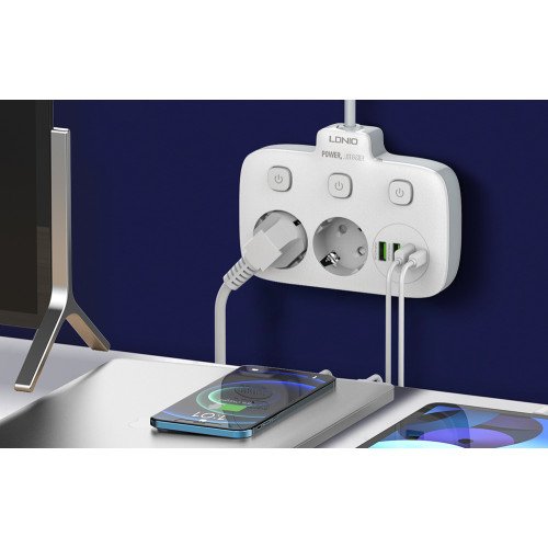 LDNIO SE2435 Πολύπριζο 2 Θέσεων με Διακόπτη 2500W & 3 USB 20W - Χρώμα: Λευκό