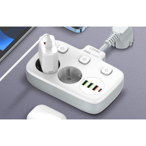 LDNIO SE2435 Πολύπριζο 2 Θέσεων με Διακόπτη 2500W & 3 USB 20W - Χρώμα: Λευκό