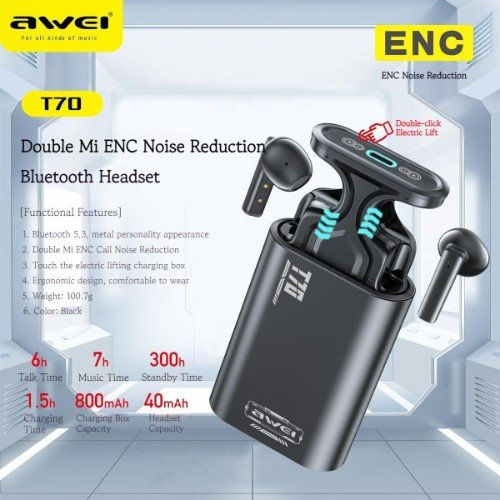 Awei T70 Earbud Bluetooth Handsfree Ακουστικά με Αντοχή στον Ιδρώτα και Θήκη Φόρτισης Μαύρα